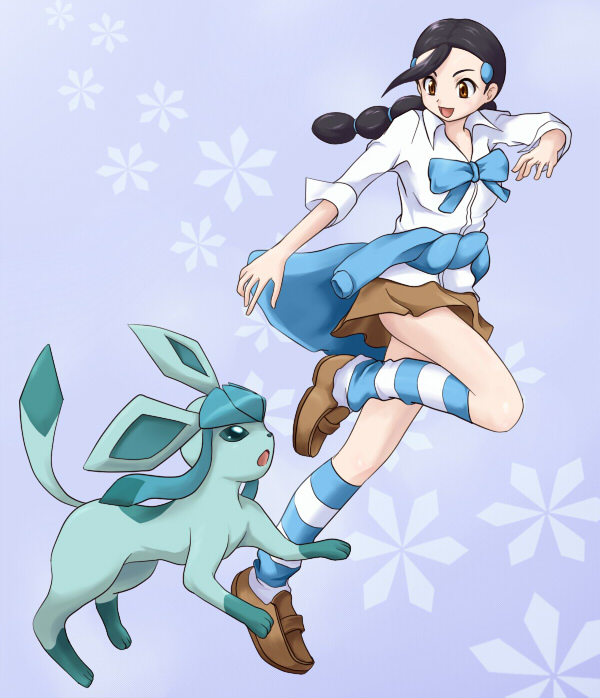 1girl, black_hair, bow, braid, brown_eyes, candice_(pokemon), glaceon, gym_leader