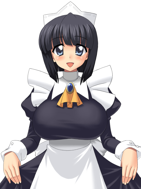 1girl, bad_id, black_hair, blue_eyes, blush, breasts, cleavage, huge_breasts