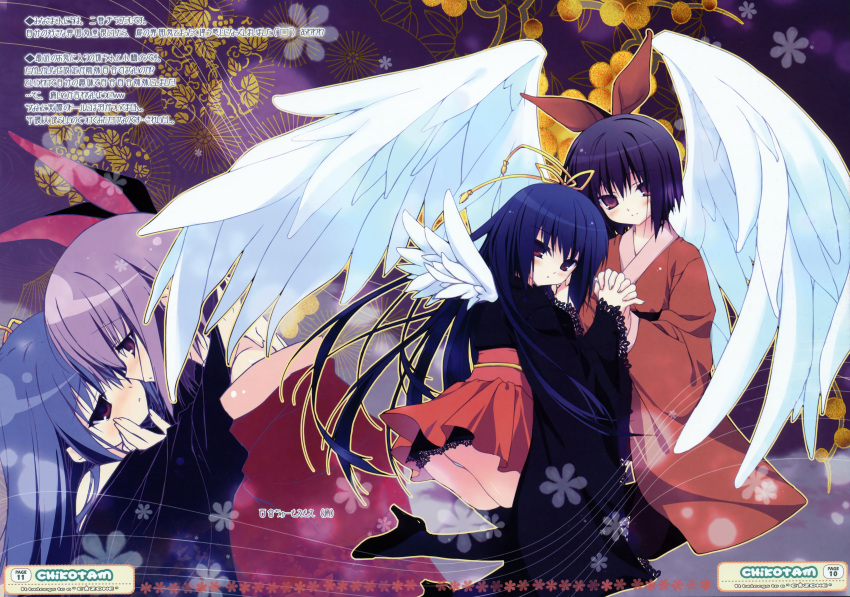 2girls, absurdres, angel_wings, ass, black_hair, black_legwear, blush, chikotam