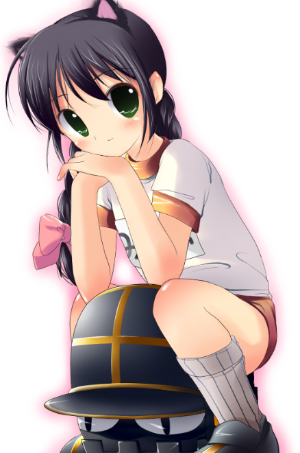 1girl, animal_ears, bad_id, black_hair, blush, braid, buruma, cat_ears