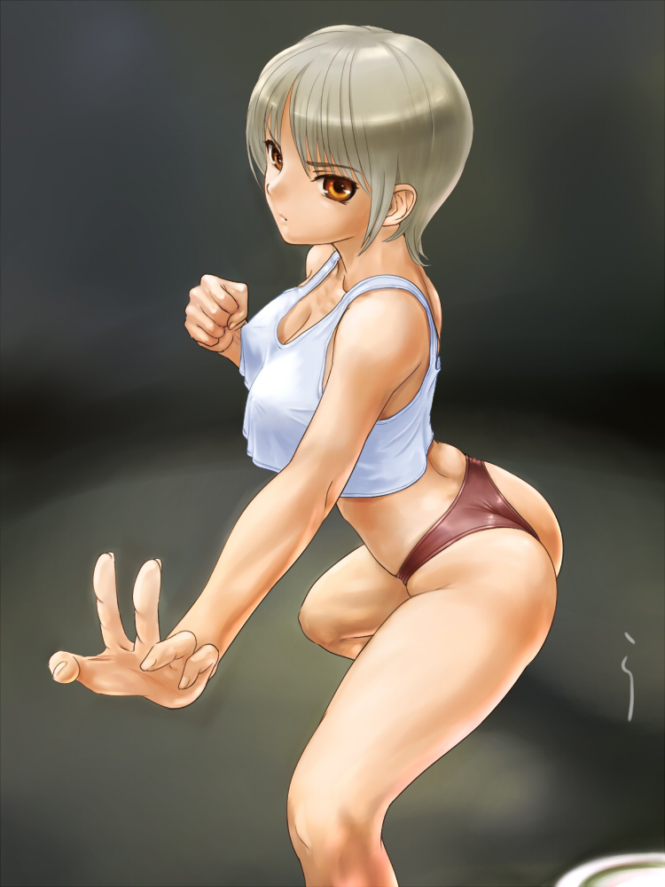 breasts, brown_eyes, fighting_stance, large_breasts, original, panties, rasukaru, rasukaru_(pixiv74058)