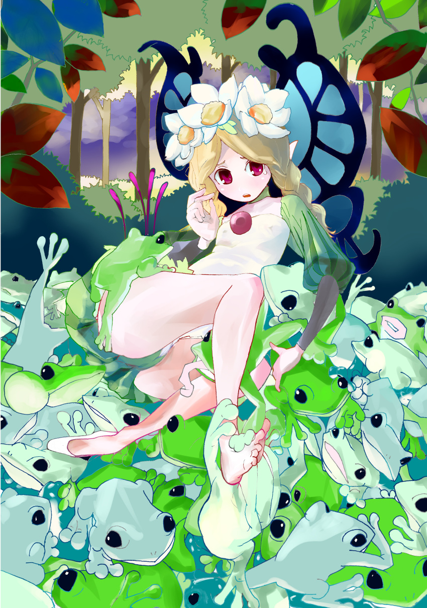 1girl, absurdres, ado_(adonki), bad_id, barefoot, blonde_hair, blush, braid