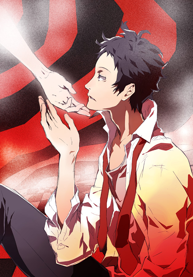 1boy, adachi_tooru, atlus, black_hair, ginsyari, izanami, kishiwada_robin, male_focus