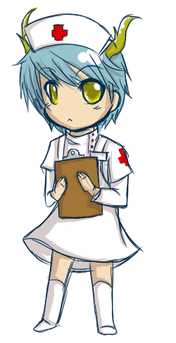 .hack//, .hack//g.u., 1girl, bandai, chibi, clipboard, crossdressinging, cyber_connect_2, genderswap, horns, la-blanc, lowres, nurse, sketch, solo, zelkova, zelkova_(.hack//)
