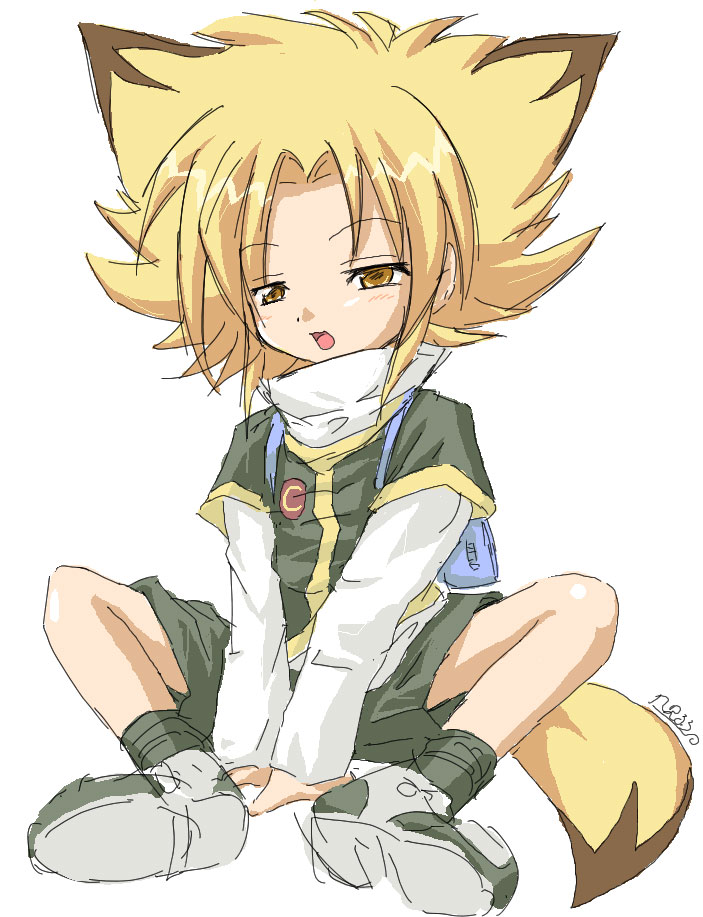 animal_ears, arm_support, b-daman, backpack, bag, bakkyuu_hit!_crash_b-daman, bakukyuu_hit!_crash_b-daman, blonde_hair