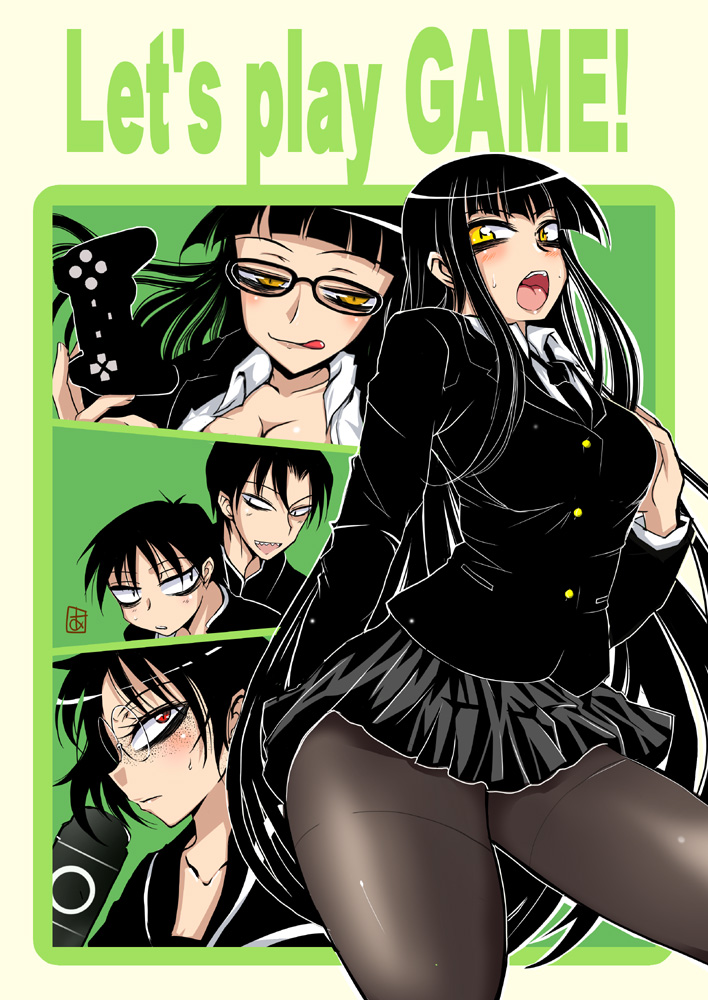 2boys, 3girls, aoi_manabu, bangs, black_hair, black_legwear, blunt_bangs, blush
