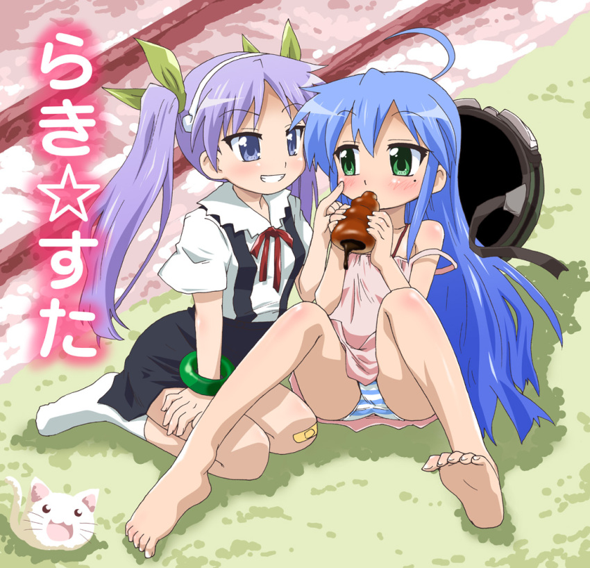 2girls, ahoge, bakemonogatari, bandaid, bandaid_on_knee, barefoot, blue_eyes, blue_hair, blush, bracelet, casual, cat, chocolate_cornet, cosplay, dress, feet, footwear, gobera, green_eyes, grin, hachikuji_mayoi, hachikuji_mayoi_(cosplay), hair_ribbon, helmet, hiiragi_kagami, hirano_aya, izumi_konata, jewelry, katou_emiri, kneeling, legs, long_hair, lucky_star, mole, mole_under_eye, monogatari_(series), multiple_girls, nyamou, oshino_shinobu, oshino_shinobu_(cosplay), panties, pantyshot, pantyshot_(sitting), purple_hair, ribbon, seiyuu_connection, sitting, smile, socks, strap_slip, striped, striped_panties, sundress, teeth, tsurime, twintails, underwear, yoshimizu_kagami_(cat), yuri