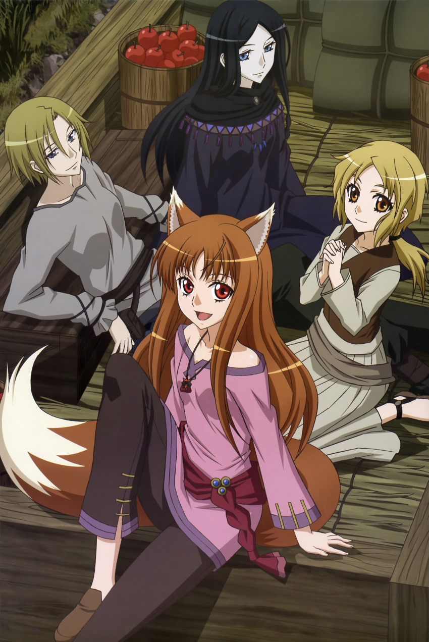 4girls, absurdres, animal_ears, apple, banner, black_hair, blonde_hair, blue_eyes, brown_eyes, brown_hair, casual, detext, detexted, dian_rubens, eve_bolan, food, fruit, highres, holo, long_hair, multiple_girls, murakami(hiwa), no_socks, nobori, nora_arento, ponytail, red_eyes, sano_hitomi, shinohara_kenji, short_hair, spice_and_wolf, tail, very_long_hair, violet_eyes, wolf_ears, wolf_tail