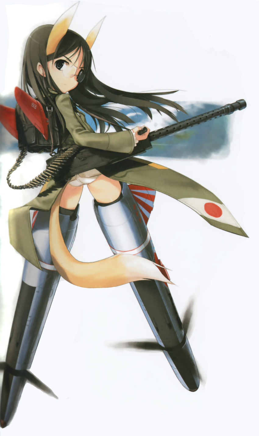amaki_suwa, bfg, fox, fox_ears, fumikane_shimada, glasses, highres, humikane_shimada, kawasaki_ki-61_hien, ki61_ii_kai, mecha_musume, panties, shimada_fumikane, strike_witches, suwa_amaki, tail, underwear