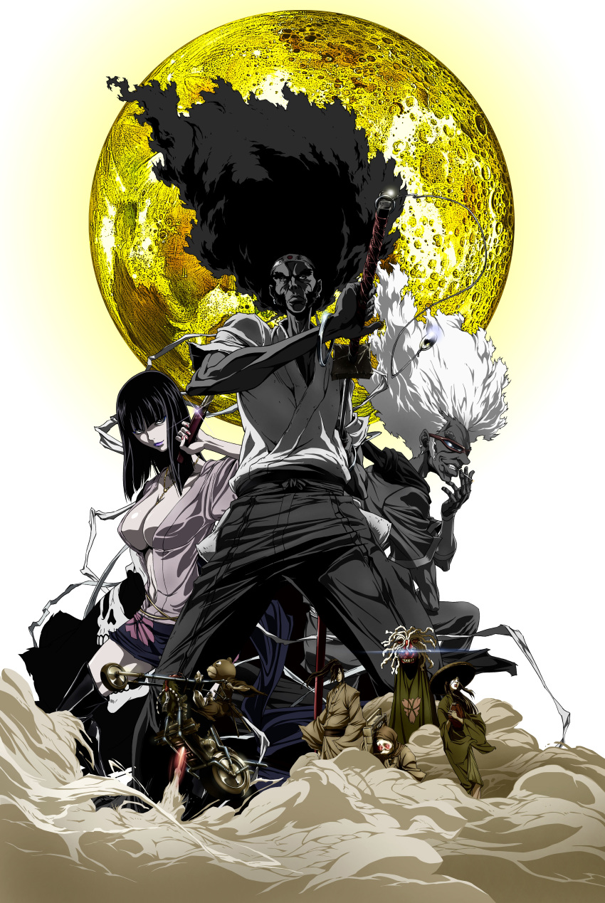 1boy, absurdres, afro, afro_samurai, afro_samurai_(character), boots, breasts, cigarette