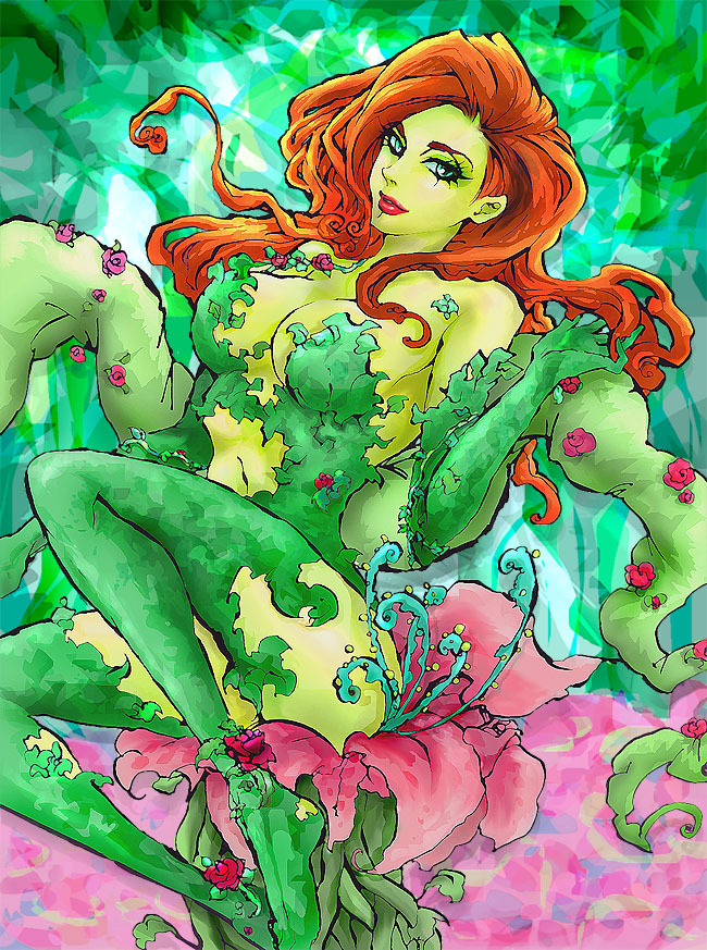 1girl, bare_shoulders, batman_(series), blue_eyes, boots, breasts, chie_(artist), cleavage, curly_hair, dc_comics, elbow_gloves, female, flower, gloves, green_legwear, green_skin, large_breasts, leaf, lipstick, long_hair, makeup, nature, navel, orange_hair, plant, poison_ivy, redhead, rose, sitting, smile, solo, thigh-highs, thigh_boots, wearing_plant, yellow_skin