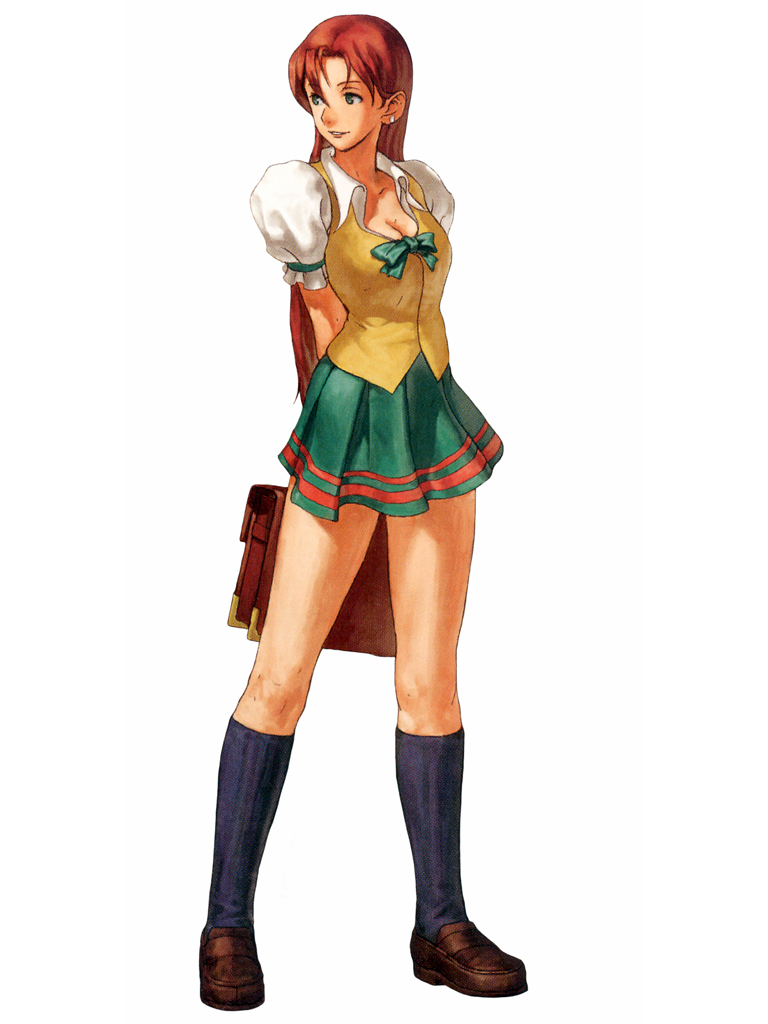 1girl, arms_behind_back, bag, black_legwear, breasts, brown_footwear, brown_shoes, cleavage, collared_shirt, earrings, female, footwear, full_body, green_eyes, green_ribbon, jewelry, kisarah_westfield, kneehighs, large_breasts, loafers, long_hair, looking_away, looking_to_the_side, miniskirt, neo_geo_battle_coliseum, official_art, ogura_eisuke, pleated_skirt, puffy_short_sleeves, puffy_sleeves, redhead, ribbon, school_bag, school_uniform, shirt, shirt_under_vest, shoes, simple_background, skirt, snk, socks, solo, standing, tsuukai_gangan_koushinkyoku, vest, white_background, yellow_vest