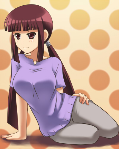 1girl, arm_support, awa, bangs, blunt_bangs, breasts, brown_eyes, brown_hair