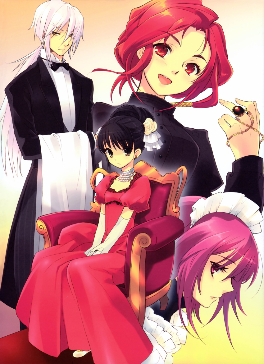 1boy, 3girls, absurdres, butler, chair, dress, elbow_gloves, flower