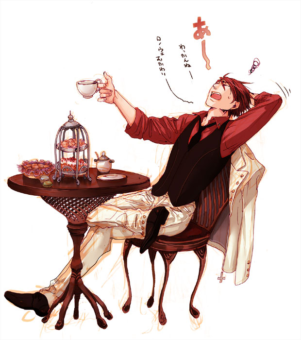 cake, food, formal, jacket, male, necktie, pastry, redhead