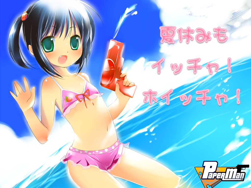 1girl, bikini, black_hair, blush, child, fang, female, flat_chest, green_eyes, milly_(paperman), ocean, paper_man, short_hair, solo, swimsuit, twintails, uya_(munyu), water, water_gun