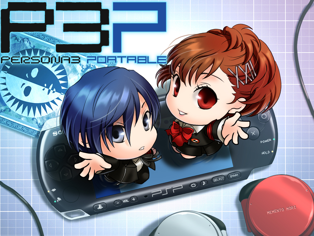 1boy, 1girl, arisato_minato, atlus, black_eyes, blue_hair, brown_eyes, brown_hair, card, chibi, female_protagonist_(persona_3), hair_ornament, hairclip, handheld_game_console, headphones, lying_card, persona, persona_3, persona_3_portable, playstation_portable, school_uniform, through_screen, tsugumi_suou, yuuki_makoto