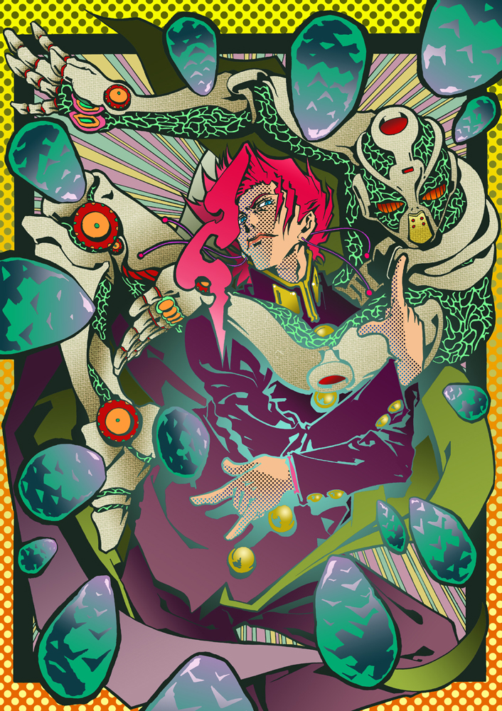 1boy, blue_eyes, gakuran, hierophant_green, jojo_no_kimyou_na_bouken, jojo_pose, kakyoin_noriaki, kakyouin_noriaki, male_focus, metalzigzag_motoi, motoi_hiroumi, pink_hair, pose, school_uniform, solo, stand_(jojo)