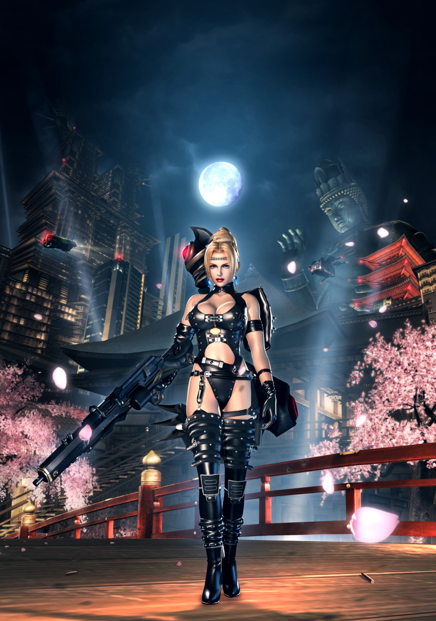 1girl, 3d, armband, blonde_hair, blue_eyes, breasts, bridge, buckle_straps, cherry_blossoms, circlet, city, cleavage_cutout, garter_belt, gloves, gun, high_heels, highres, key_hole_neck_line, key_hole_neck_line_top, large_breasts, latex, leather, leather_armor, leotard, machine_gun, moon, ninja_gaiden, ninja_gaiden_sigma_2, official_art, one-piece_swimsuit, rachel_(ninja_gaiden), shoes, shoulder_pads, spiked_spaulders, statue, strap, studded_leather, swimsuit, thigh-highs, warhammer, weapon