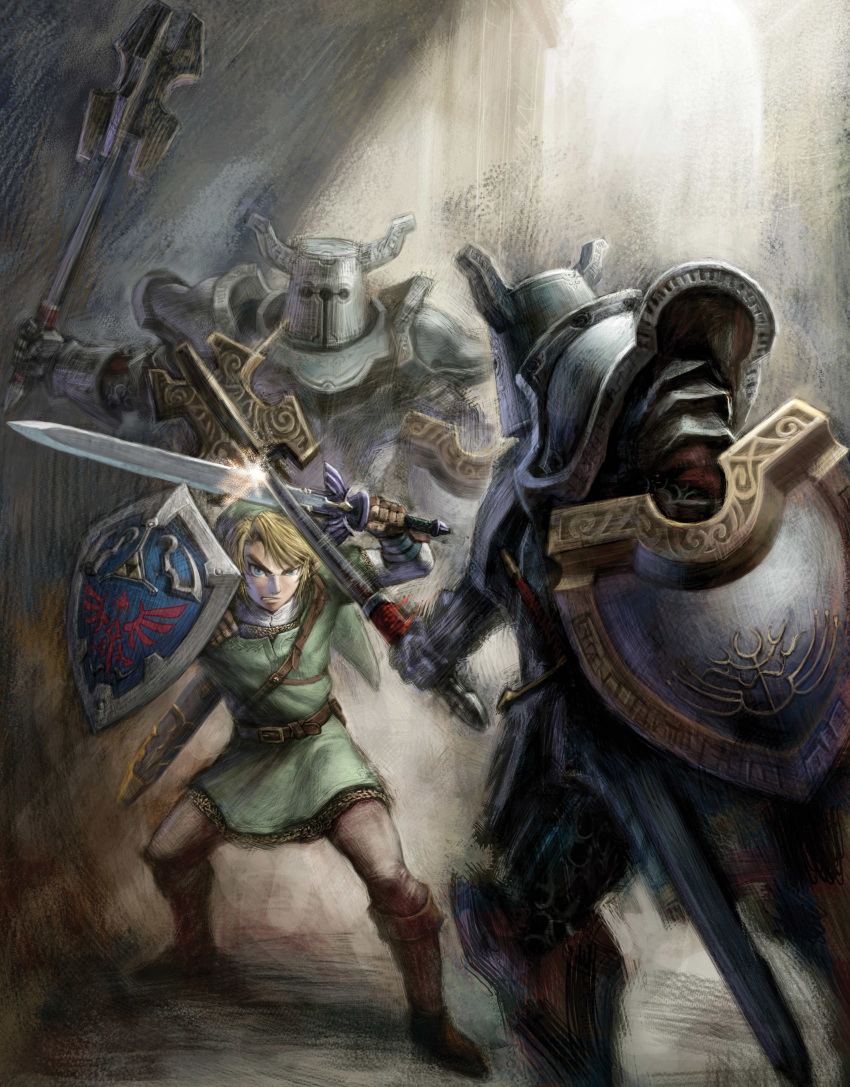 1boy, absurdres, armor, battle, blonde_hair, blue_eyes, dark_nut, hat, helmet, highres, link, mace, master_sword, nintendo, official_art, shield, sword, the_legend_of_zelda, the_legend_of_zelda:_twilight_princess, weapon