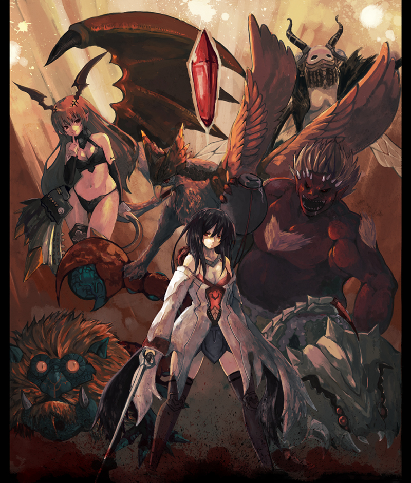 2girls, bare_shoulders, black_hair, boots, breasts, character_request, cleavage, crystal