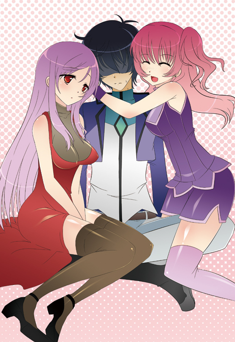 1boy, 2girls, bad_id, blush, breasts, cleavage, dress, freckles