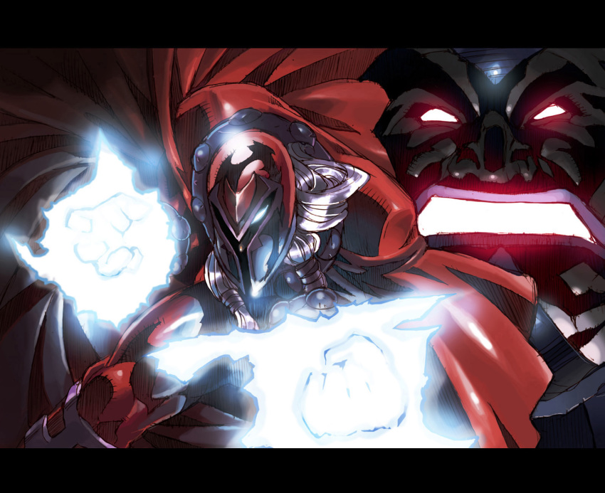 2boys, apocalypse, apocalypse_(marvel), aura, bad_id, cape, fighting_stance, glowing, glowing_eyes, helm, helmet, highres, letterboxed, long_hair, looking_at_viewer, magneto, male_focus, marvel, multiple_boys, silver_hair, warainaku, x-men
