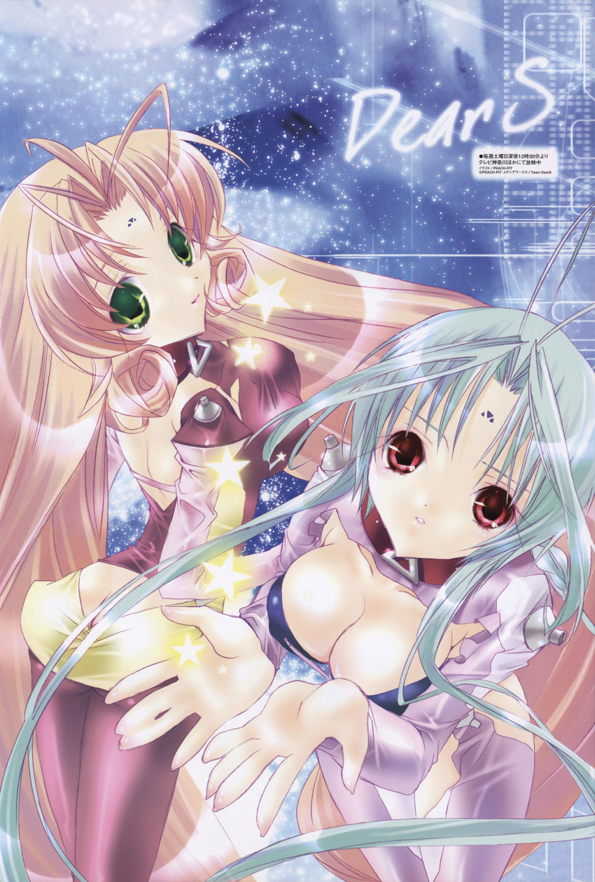 00s, 2girls, absurdres, antenna_hair, breasts, cleavage, dears, green_hair