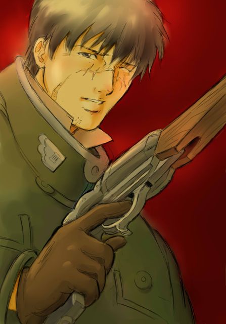 handgun, male, military, military_uniform, pistol, pumpkin_scissors, randal_orlando, scar, ume, ume_(be_my_toy), uniform, weapon, wink
