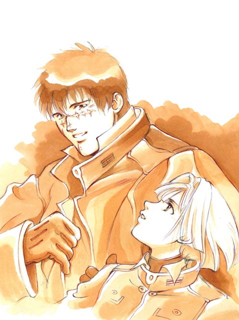 bob_cut, gloves, looking_up, military, military_uniform, monochrome, orange_(color), pumpkin_scissors, randal_orlando, scar, sepia, short_hair, smile, ume, ume_(be_my_toy), uniform