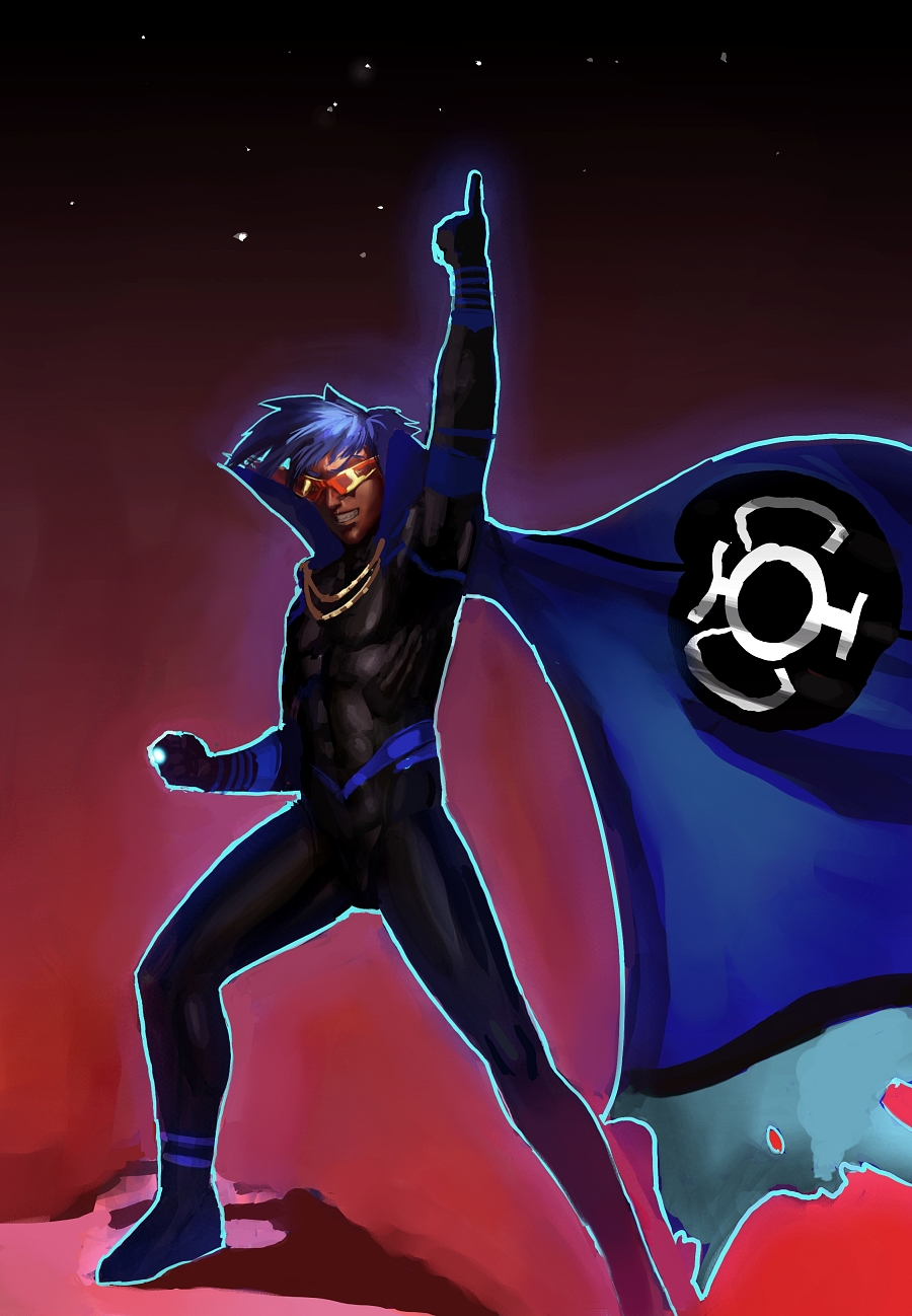 1boy, blue_hair, blue_lantern, cape, crossover, dark, dc_comics, glasses, green_lantern_(series), highres, jewelry, kamina, kamina_pose, kamina_shades, male_focus, morganagod, night, night_sky, pointing, pointing_up, ring, skin_tight, sky, solo, spandex, tengen_toppa_gurren_lagann
