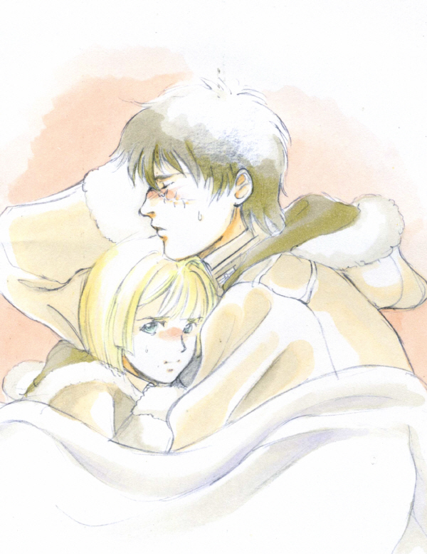 blanket, blonde_hair, blue_eyes, blush, coat, hood, pumpkin_scissors, randal_orlando