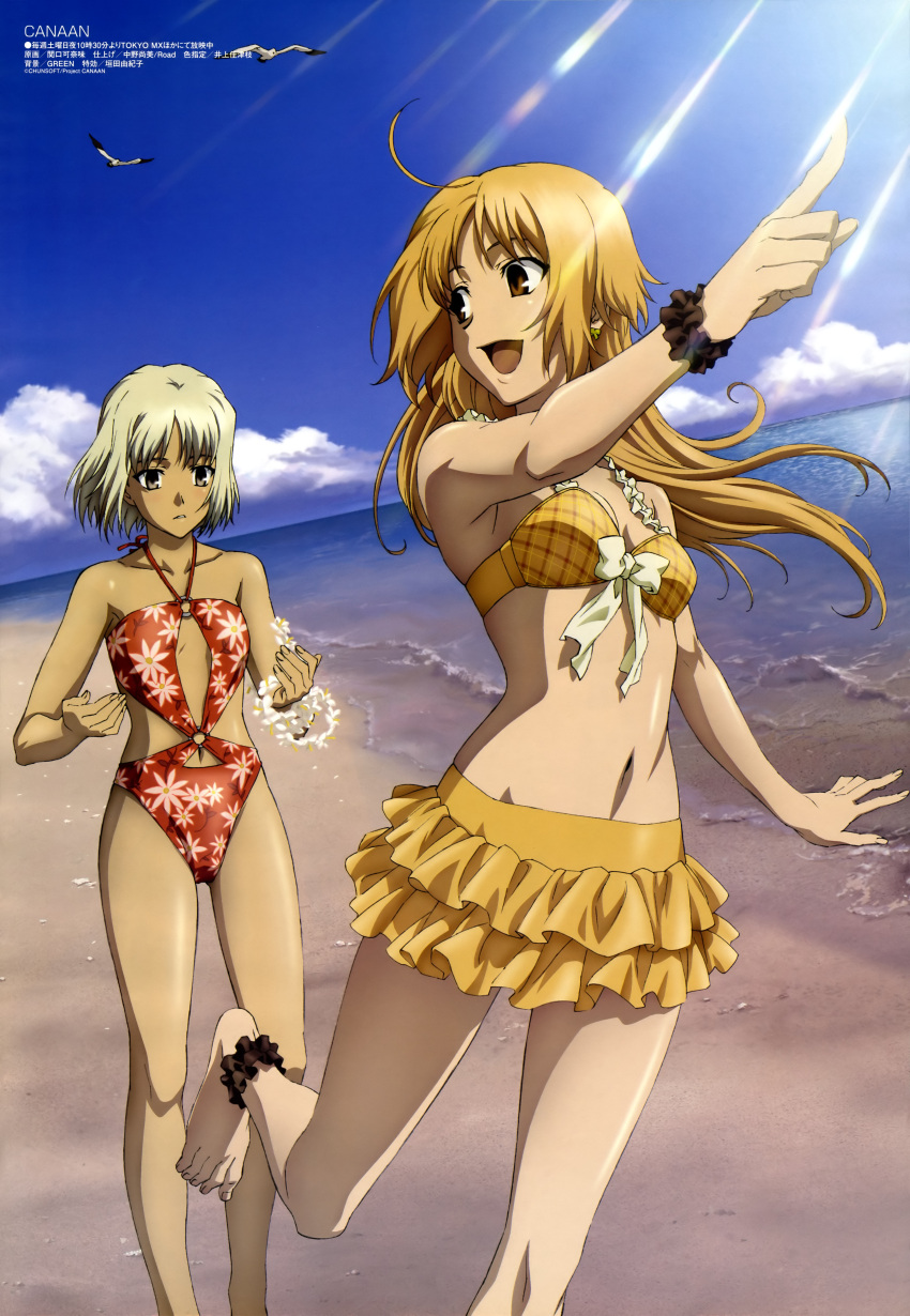 2girls, 428, absurdres, ahoge, anklet, barefoot, beach, bikini