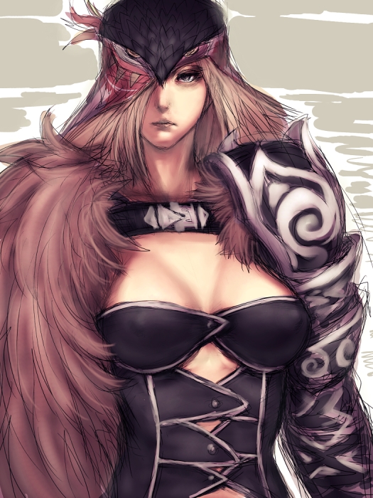 1girl, armor, bird, blonde_hair, blue_eyes, breasts, brown_hair, cleavage