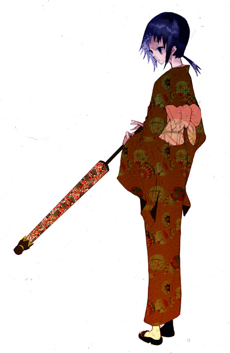 1girl, bad_id, black_eyes, black_hair, japanese_clothes, kaga_ai, kimono, mercre, oriental_umbrella, ponytail, sandals, sayonara_zetsubou_sensei, short_hair, simple_background, solo, umbrella