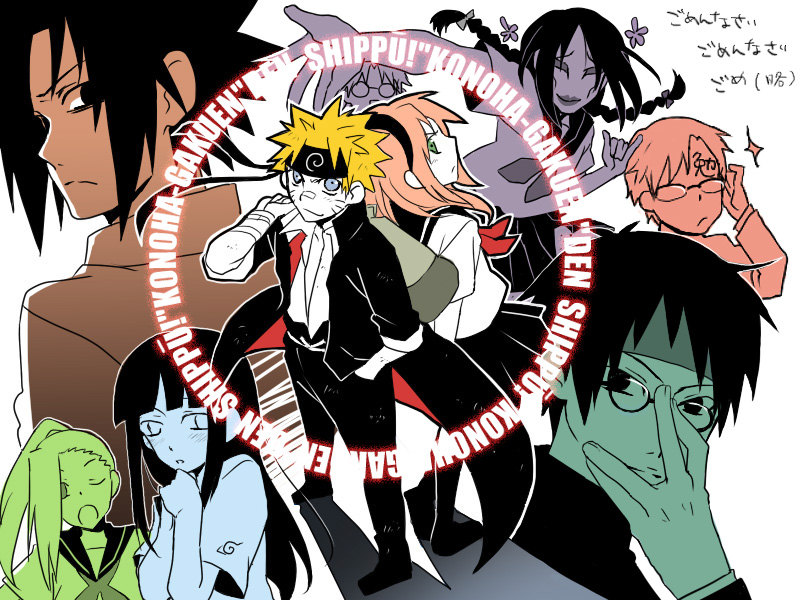 3girls, 6+boys, alternate_costume, blonde_hair, blue_eyes, crossdressinging, gaara, glasses, green_eyes, haruno_sakura, hyuuga_hinata, katsuko_(naruto), multiple_boys, multiple_girls, naruto, naruto_shippuuden, orochimaru, pink_hair, sai, school_uniform, short_hair, uchiha_sasuke, uzumaki_naruto, yamanaka_ino