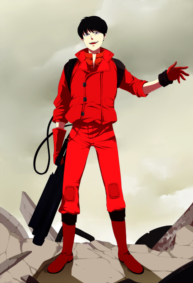 1boy, 80s, akira, black_eyes, black_hair, boots, fog, gloves