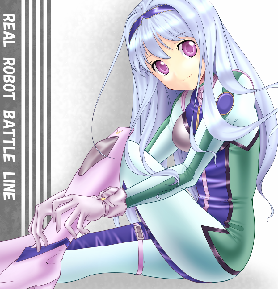 1girl, banpresto, blue_hair, bodysuit, boots, female, gloves, hairband, mikeneko_(stray-sheep), musica_fareden, real_robot_battle_line, smile, solo, super_robot_wars, thigh-highs, thigh_boots, violet_eyes