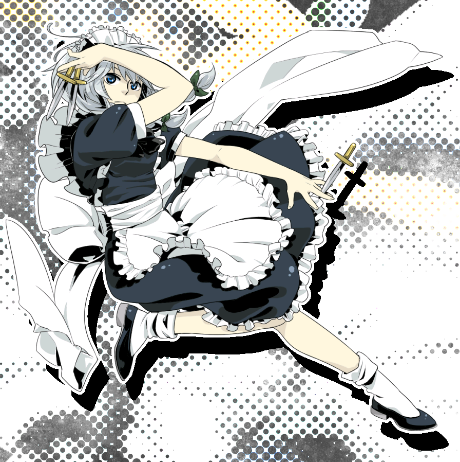 1girl, aarue, apron, blue_eyes, braid, female, izayoi_sakuya, knife