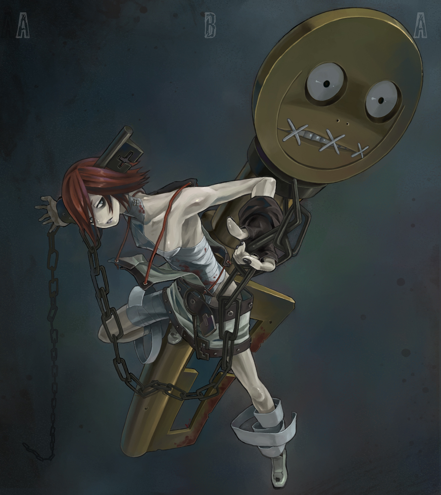 1girl, a.b.a, arc_system_works, bags_under_eyes, bandage, bare_shoulders, blood, blue_eyes, breasts, chains, erect_nipples, fingerless_gloves, gloves, guilty_gear, homunculus, key, metalinu, muscle, pale_skin, paracelsus, redhead, short_hair, skirt, small_breasts, solo