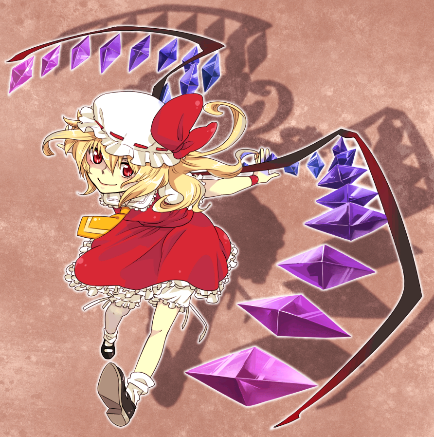 1girl, aarue, blonde_hair, female, flandre_scarlet, hat, mary_janes, red_eyes