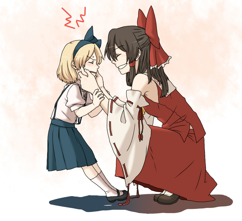 2girls, alice_margatroid, alice_margatroid_(pc-98), blonde_hair, bow, brown_hair, cheek_pinching, detached_sleeves