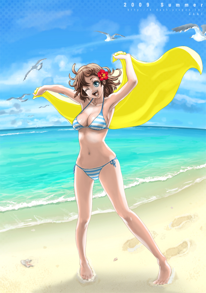 1girl, ;d, armpits, arms_up, bad_id, barefoot, beach, bikini