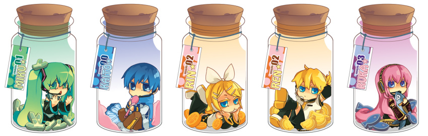2boys, 3girls, aqua_hair, bad_id, banana, blonde_hair, blue_eyes, blue_scarf