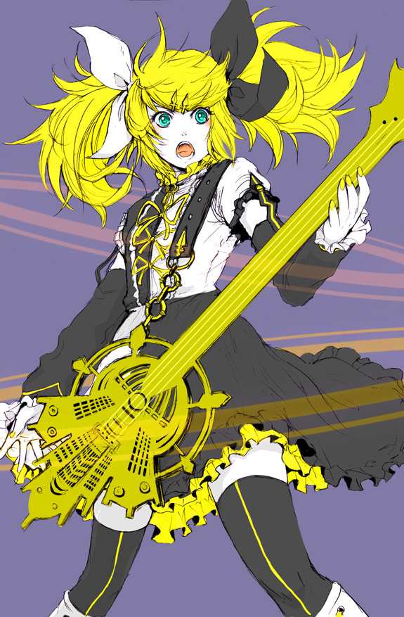 1girl, alternate_hairstyle, bass_guitar, blonde_hair, detached_sleeves, dress, female, flat_color, green_eyes, guitar, hair_ornament, hair_ribbon, hairclip, instrument, iocus, kagamine_rin, kagamine_rin_(roshin_yuukai/hard_rkmix), long_hair, meltdown, open_mouth, ribbon, roshin_yuukai_(vocaloid), solo, thigh-highs, twintails, vocaloid, zettai_ryouiki, zononnu