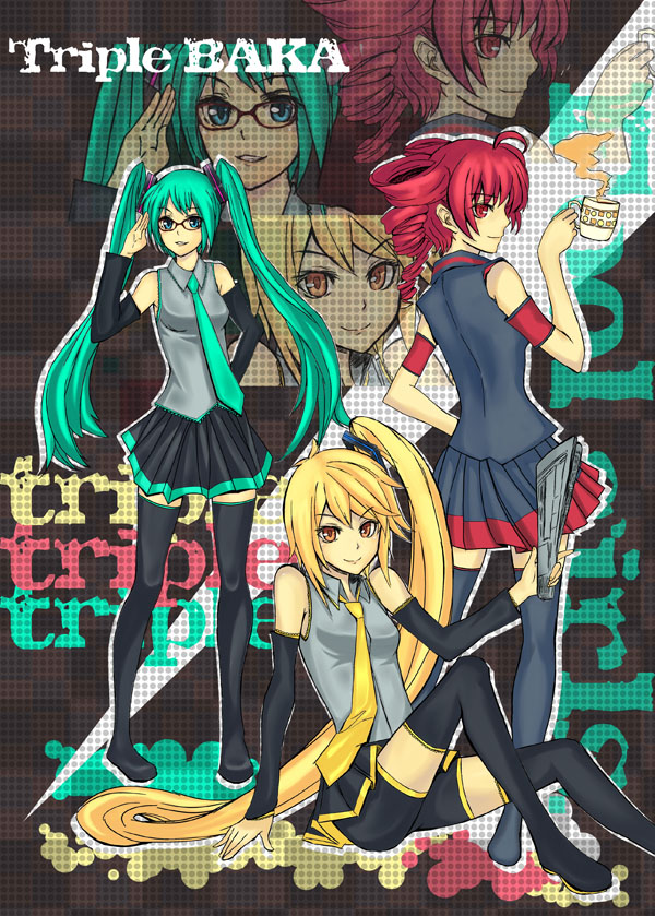 3girls, ahoge, akita_neru, aqua_eyes, aqua_hair, asymmetrical_hair, bespectacled, blonde_hair