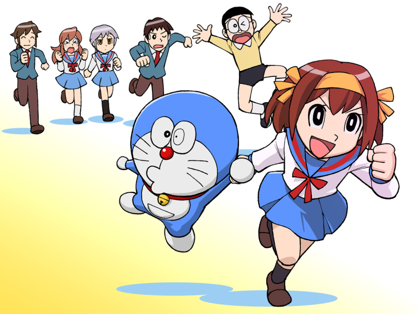 3boys, 3girls, asahina_mikuru, crossover, doraemon, doraemon_(character), fujiko_f_fujio_(style), koizumi_itsuki