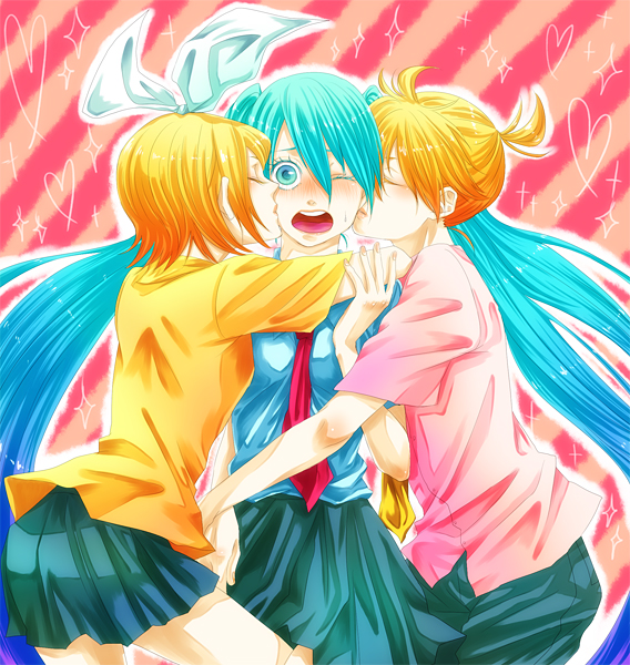 1boy, 2girls, aqua_eyes, aqua_hair, bad_id, blonde_hair, blush, cheek_kiss