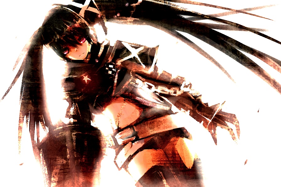 1girl, armor, bad_id, belt, beltskirt, black_hair, black_rock_shooter, chains