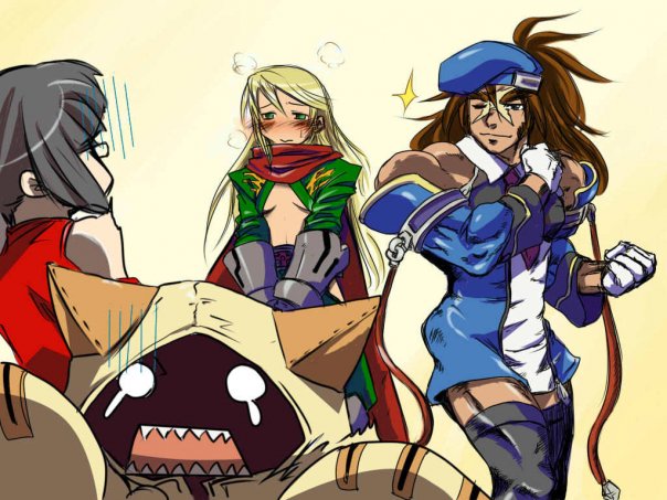 1boy, 3girls, arc_system_works, blazblue, blazblue:_calamity_trigger, blush, cosplay, costume_switch, crossdressinging, d:, dokutaa_hakase, litchi_faye_ling, manly, multiple_girls, noel_vermillion, open_mouth, shishigami_bang, taokaka, tears, thigh-highs